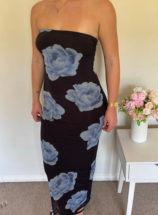 Floral Mesh Strapless Maxi