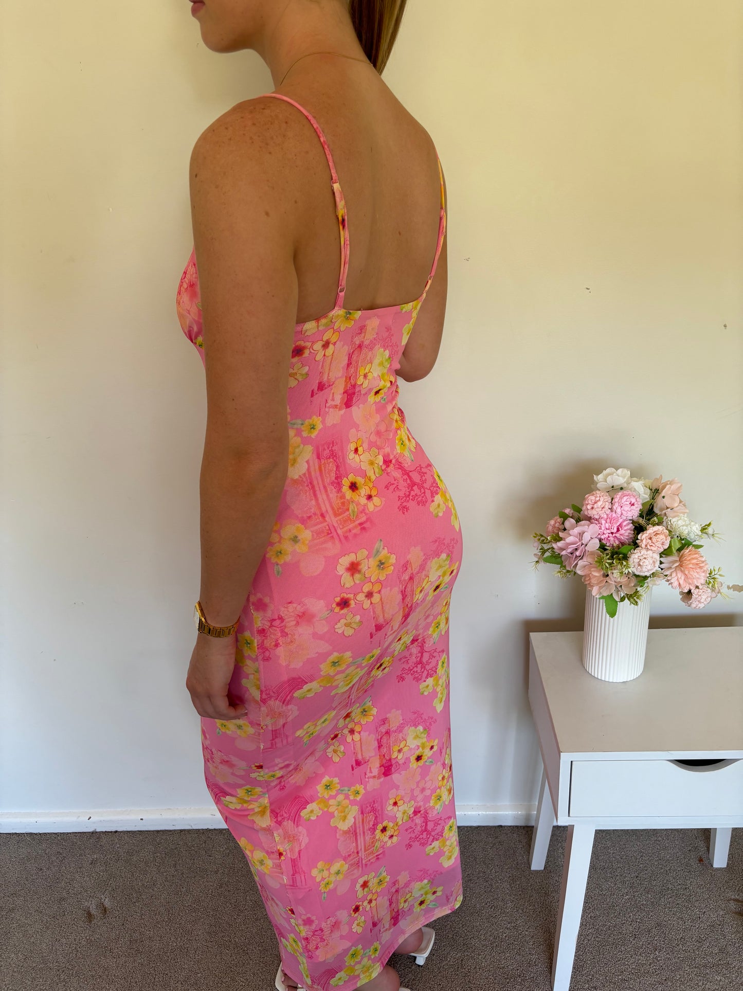 Pink And Yellow Floral Mesh Maxi