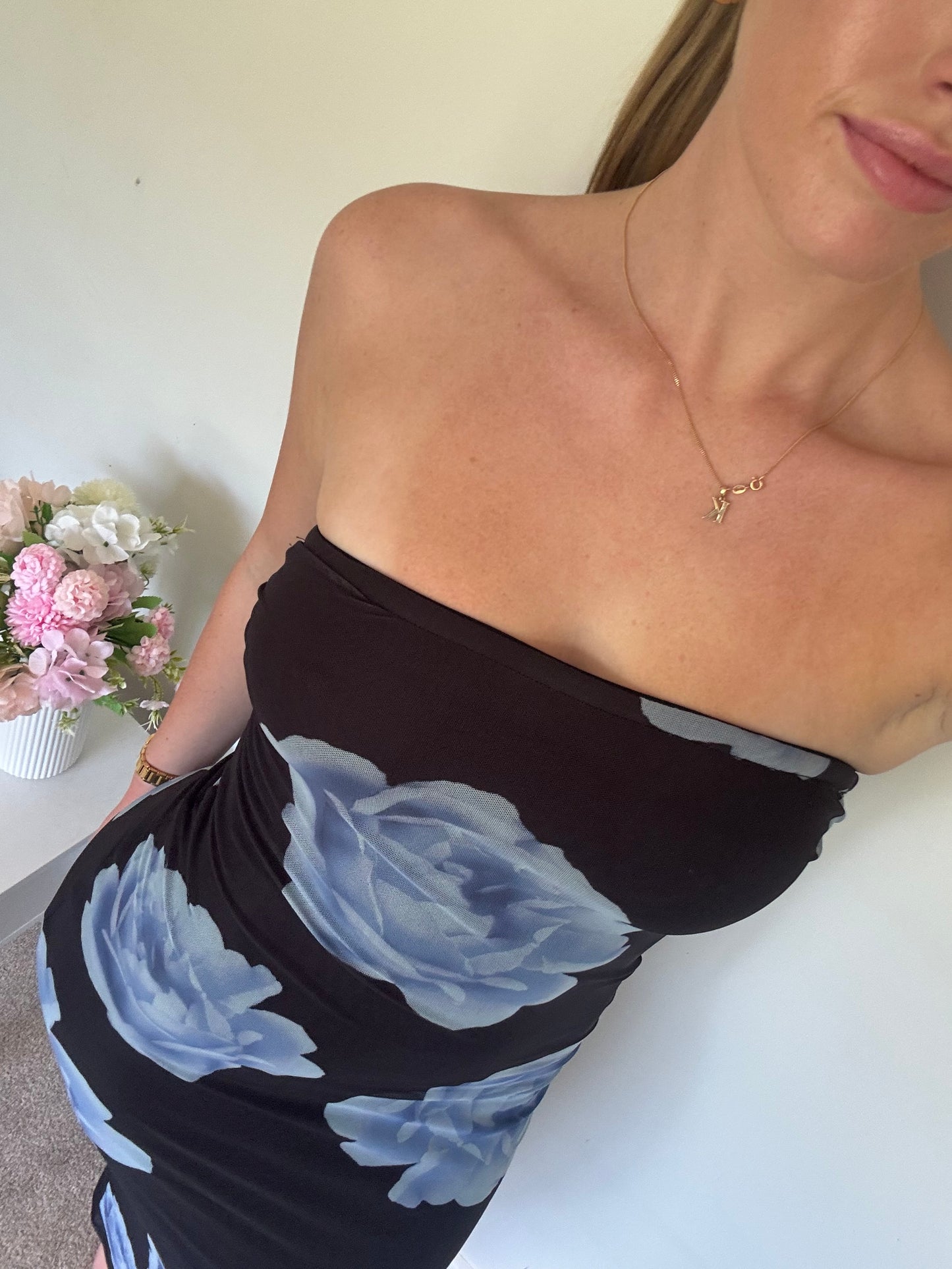 Floral Mesh Strapless Maxi