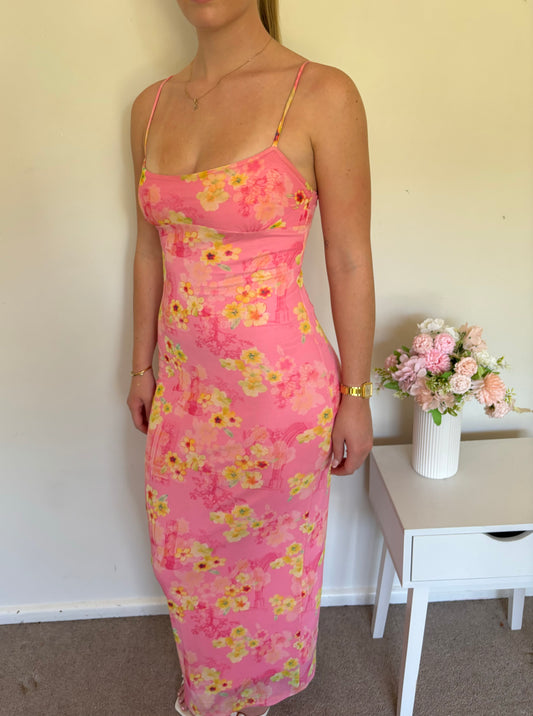 Pink And Yellow Floral Mesh Maxi